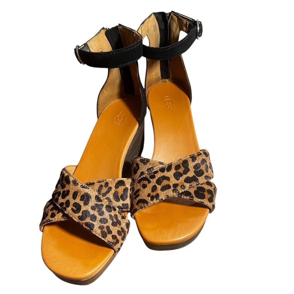 UGG Eugenia Leopard Women's Ankle Strap Wedge Sandals 8.5 Cow Hair